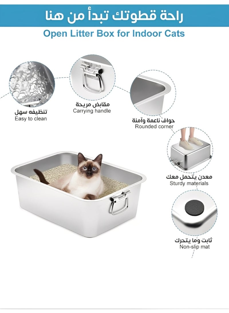 Large Stainless Steel Cat Litter Box (50×35×15cm) with Scoop & Fish Toy – Odor & Leak Proof, Durable Anti-Bacterial Litter Tray for Large Cats & Multi-Cat Homes - Image 2