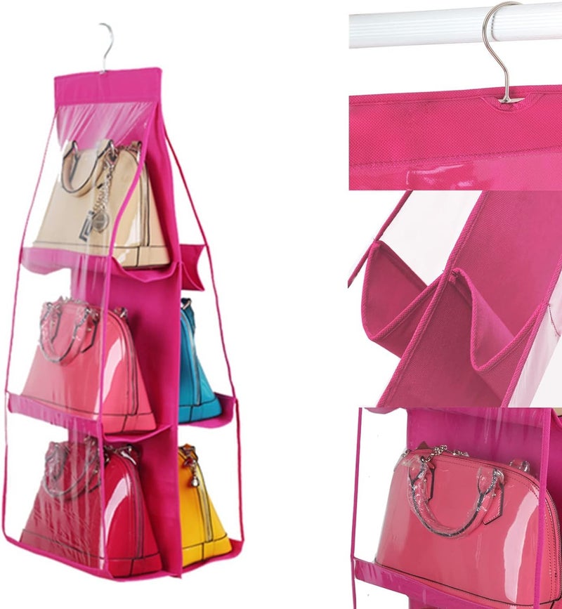 HAPYSA Hanging Purse Organizer for Closet 6 Pockets Handbag Purse Holder for Closet Foldable Shelf Purse Hanger for Wardrobe Space Saving Organizer Metal Hooks Pink - Image 4