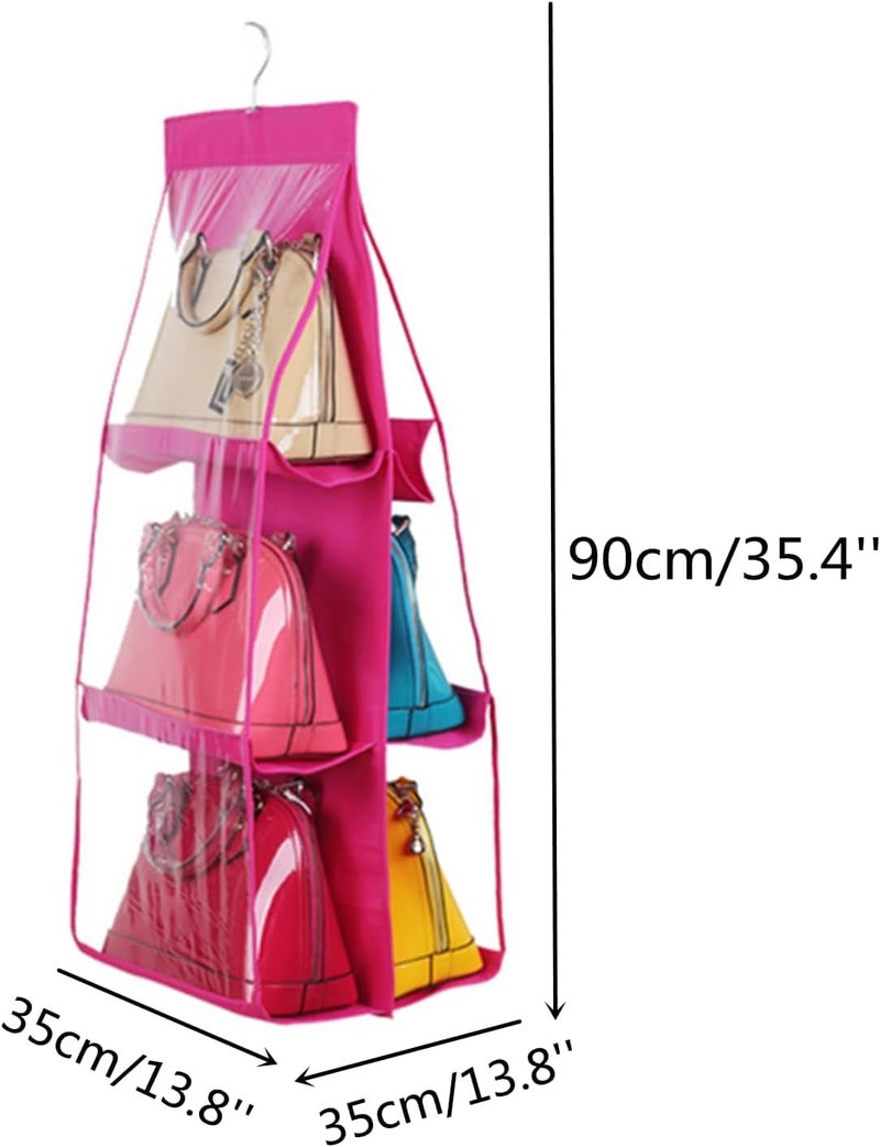HAPYSA Hanging Purse Organizer for Closet 6 Pockets Handbag Purse Holder for Closet Foldable Shelf Purse Hanger for Wardrobe Space Saving Organizer Metal Hooks Pink - Image 3