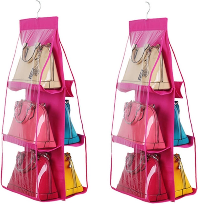 HAPYSA Hanging Purse Organizer for Closet 6 Pockets Handbag Purse Holder for Closet Foldable Shelf Purse Hanger for Wardrobe Space Saving Organizer Metal Hooks Pink - Image 1