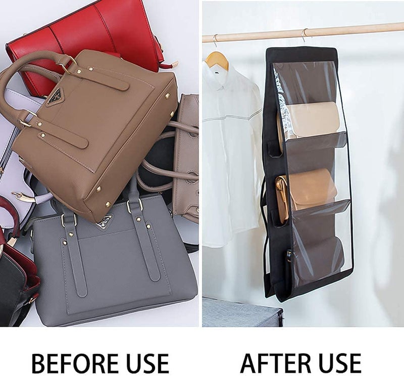 HAPYSA Hanging Purse Organizer for Closet 6 Pockets Handbag Purse Holder for Closet Foldable Shelf Purse Hanger for Wardrobe Space Saving Organizer Metal Hooks Pink - Image 5