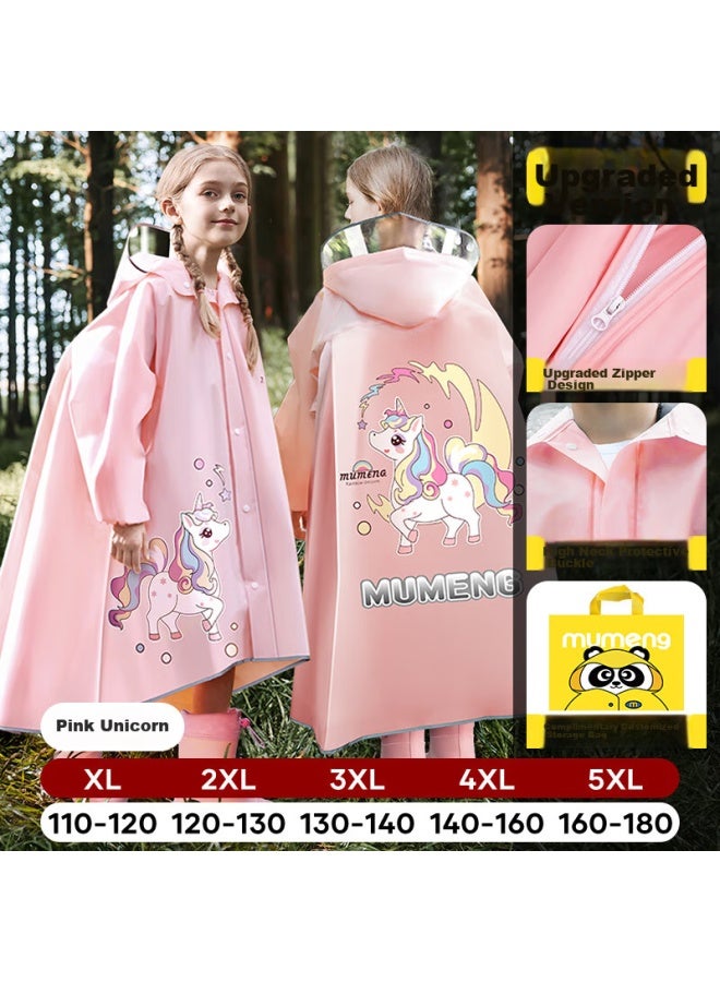 Moremerry Children's Raincoat With Backpack Space For Boys And Girls, Extended Full-body Student Rain Poncho, Pink Unicorn Zipper Style, 4XL - Image 1