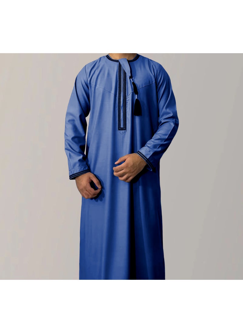 Generic New Arrival Cross-Border Solid Color Round Neck Embroidery Coarse Males Long Sleeve Kaftan Arabian Saudi Arabia Mens Kaftan 6 # blue 