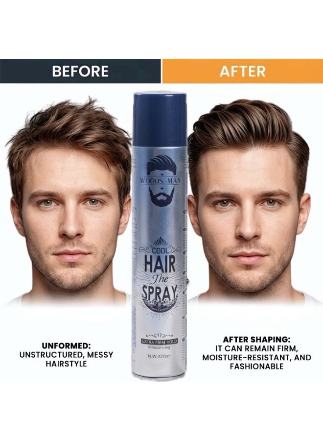 وودز مان WOODS MAN Cool Hair Spray - تثبيت قوي إضافي، تركيبة مرطبة، 420 مل | تصفيف طويل الأمد للرجال | جميع أنواع الشعر - Image 3
