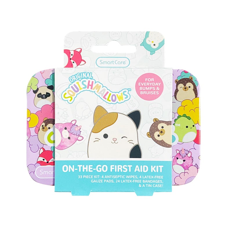 Smart Care Squishmallow First Aid Kit Travel Essentials with Antiseptic Wipes, Cute Bandage Variety Pack for Kids, Latex-Free Gauze Pads and Bandages in Tin Case, 33PC - Image 1