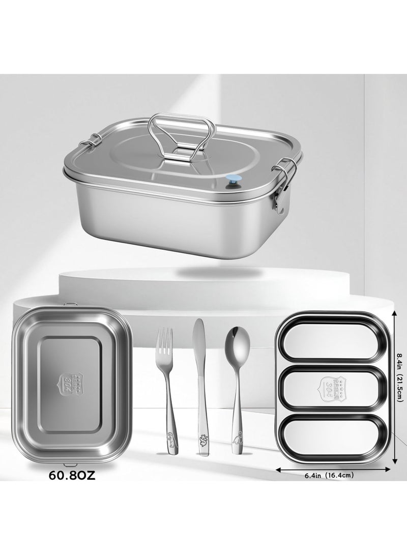 SYOSI Stainless Steel Bento Box with Leak-Proof Lid and 3-Grid Divider, 1800ml Large Lunch Container with Utensils, Double Layer Metal Food Box for Adults, Kids, Office, Picnic, Camping, Meal Prep (Silver) - Image 2