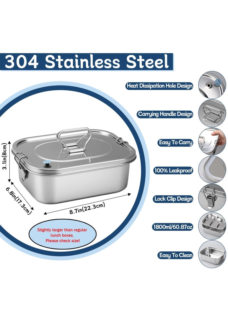 SYOSI Stainless Steel Bento Box with Leak-Proof Lid and 3-Grid Divider, 1800ml Large Lunch Container with Utensils, Double Layer Metal Food Box for Adults, Kids, Office, Picnic, Camping, Meal Prep (Silver) - Image 3