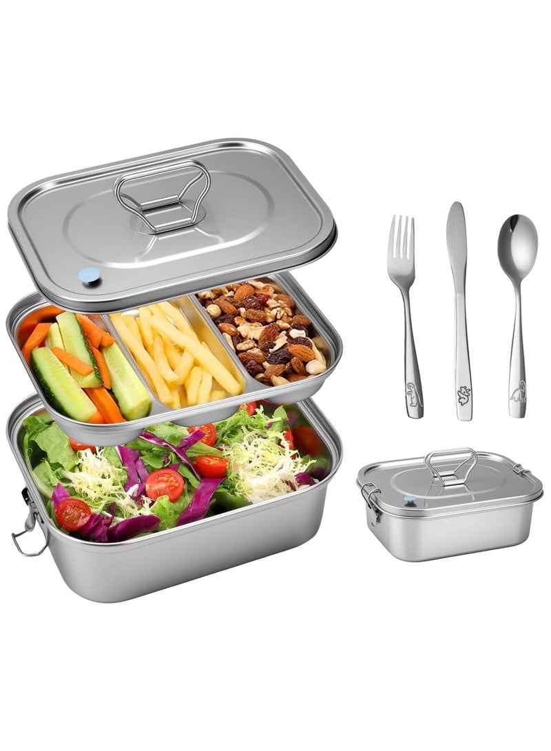 SYOSI Stainless Steel Bento Box with Leak-Proof Lid and 3-Grid Divider, 1800ml Large Lunch Container with Utensils, Double Layer Metal Food Box for Adults, Kids, Office, Picnic, Camping, Meal Prep (Silver) - Image 1