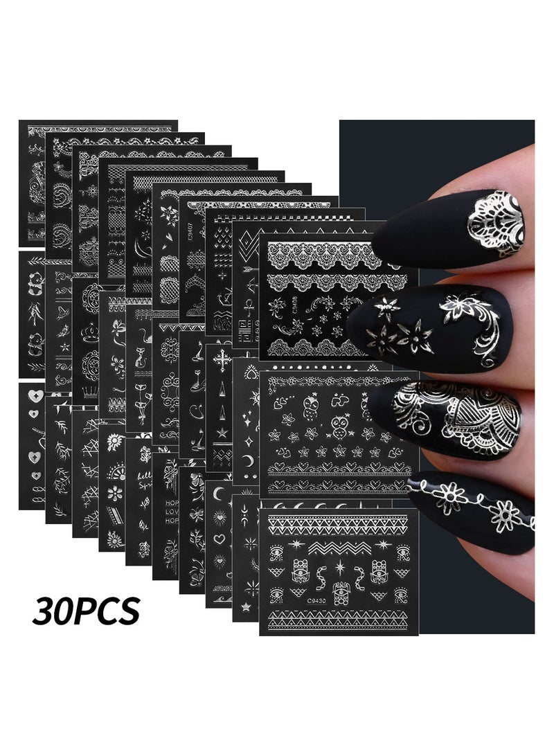 Goolsky Silver Egyptian Cat 30 Small Sheet Set Nail Art Stickers Plaid Star and Moon Egyptian Cat Mixed Style Ladies Nail Decoration - Image 1