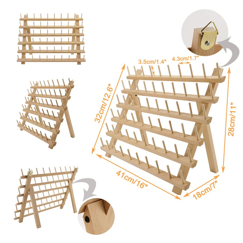 New brothread 60 Spools Wooden Thread Rack/Thread Holder Organizer with Hanging Hooks for Embroidery Quilting and Sewing Threads - Image 3