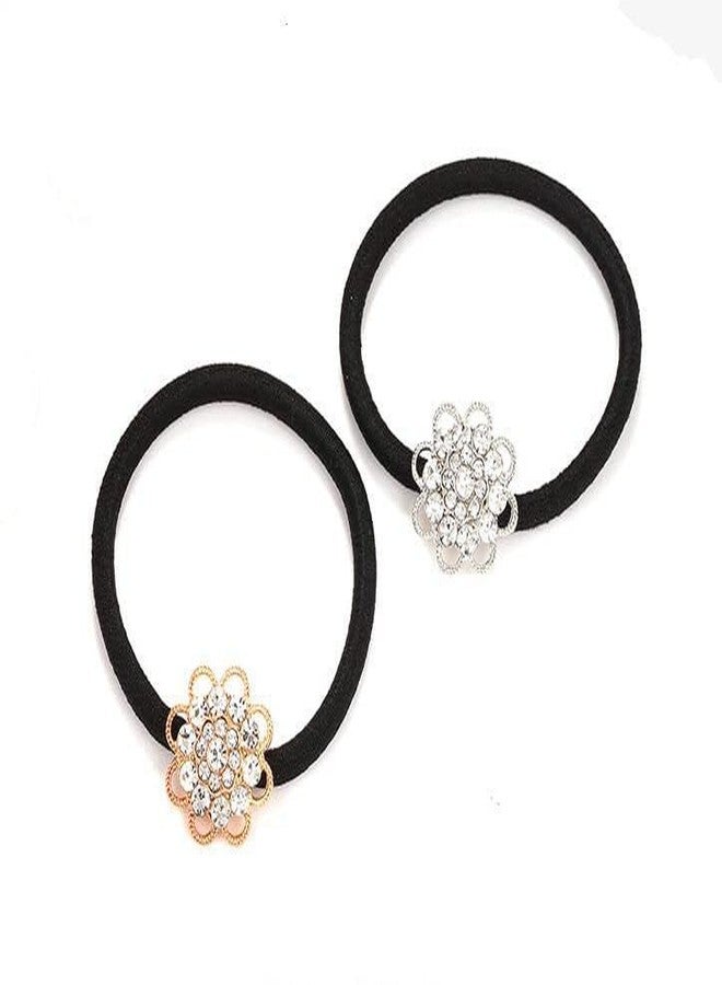LOVEF 2 Pcs Korean Style Hair Jewelry Gold Plated Crystal Rhinestone Flower Elastic Ponytail Holder Hair Tie Rope Band Ring Rubber Band Hair Accessories (Gold+Silver) - Image 2