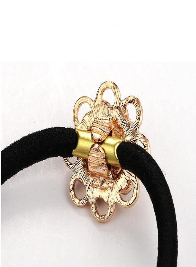 LOVEF 2 Pcs Korean Style Hair Jewelry Gold Plated Crystal Rhinestone Flower Elastic Ponytail Holder Hair Tie Rope Band Ring Rubber Band Hair Accessories (Gold+Silver) - Image 5