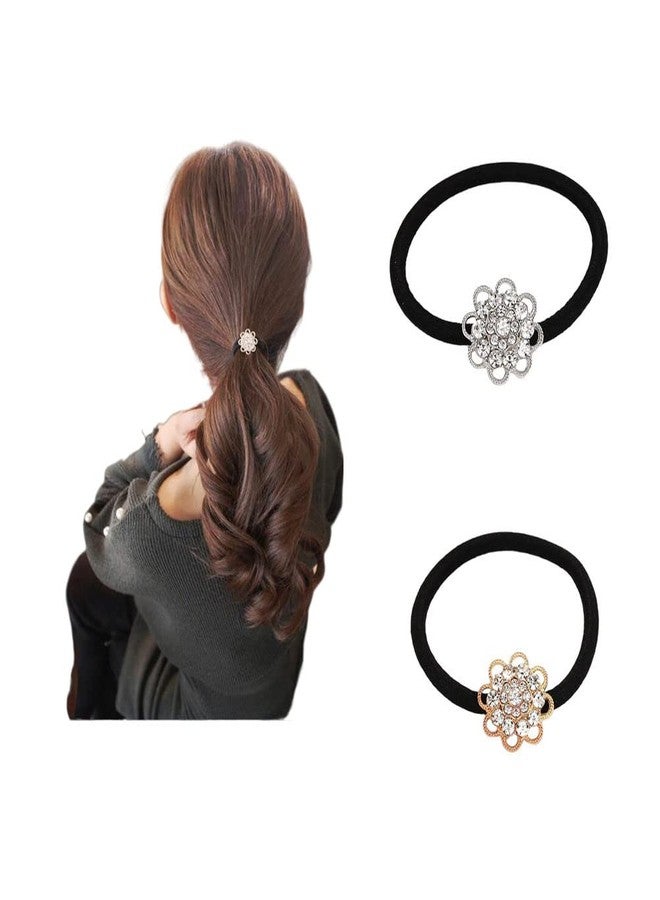 LOVEF 2 Pcs Korean Style Hair Jewelry Gold Plated Crystal Rhinestone Flower Elastic Ponytail Holder Hair Tie Rope Band Ring Rubber Band Hair Accessories (Gold+Silver) - Image 1