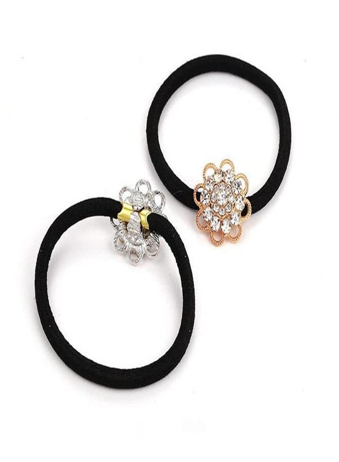 LOVEF 2 Pcs Korean Style Hair Jewelry Gold Plated Crystal Rhinestone Flower Elastic Ponytail Holder Hair Tie Rope Band Ring Rubber Band Hair Accessories (Gold+Silver) - Image 3