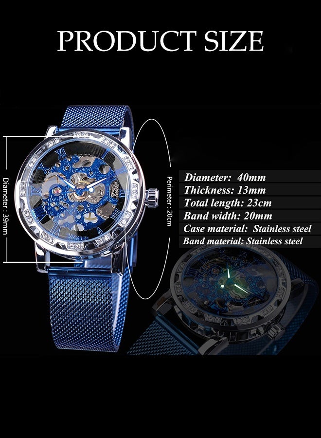 DUNISO ساعة رجال ساعة أعمال عصرية، ساعة هيكلية ميكانيكية يدوية عتيقة، مع الماس وزهور منحوتة، ساعة حزام شبكي مضيئة - Image 2