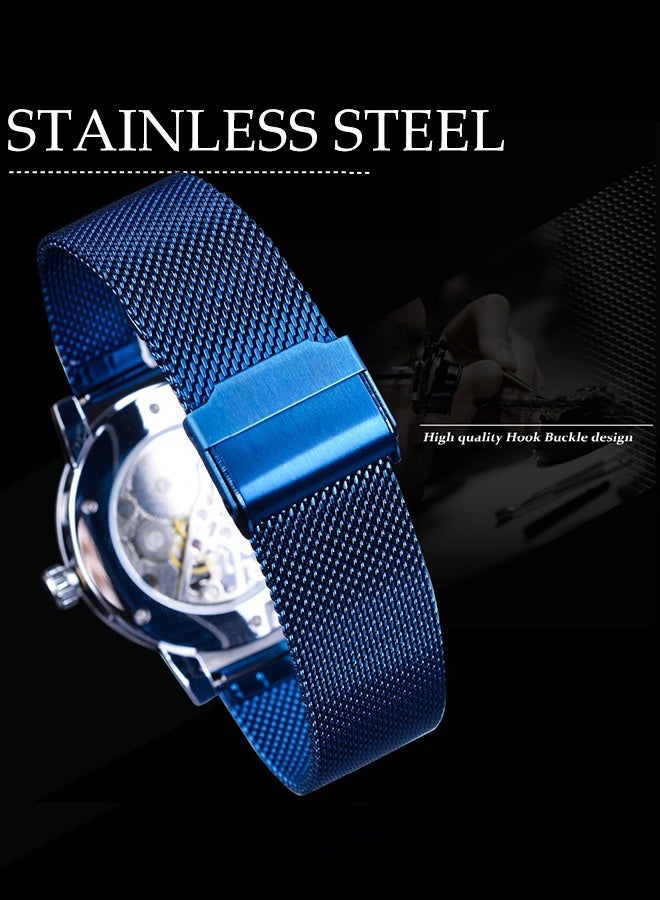 DUNISO ساعة رجال ساعة أعمال عصرية، ساعة هيكلية ميكانيكية يدوية عتيقة، مع الماس وزهور منحوتة، ساعة حزام شبكي مضيئة - Image 3