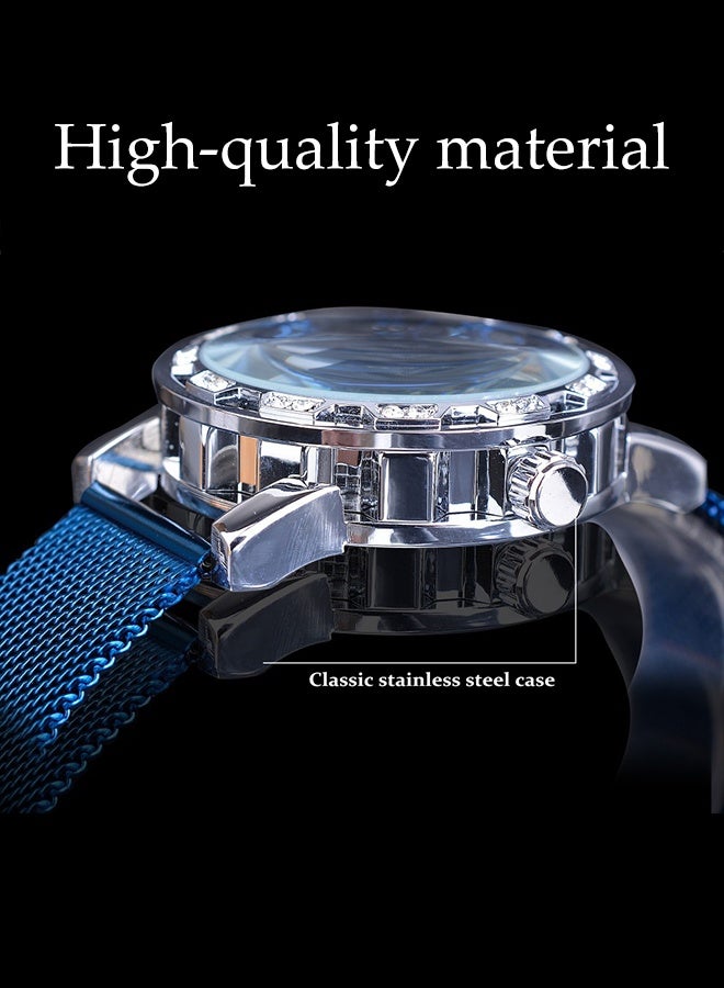 DUNISO ساعة رجال ساعة أعمال عصرية، ساعة هيكلية ميكانيكية يدوية عتيقة، مع الماس وزهور منحوتة، ساعة حزام شبكي مضيئة - Image 5