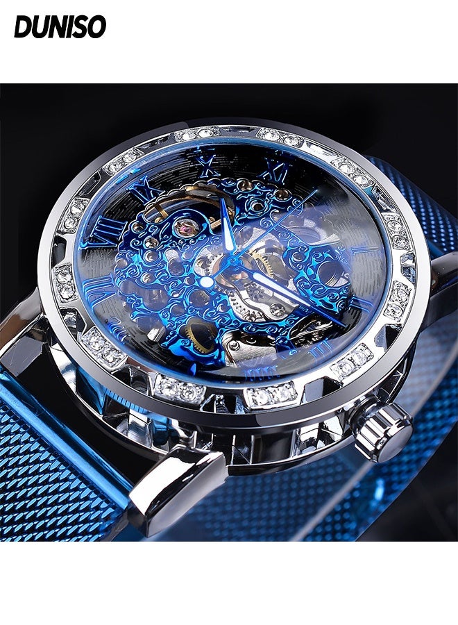 DUNISO ساعة رجال ساعة أعمال عصرية، ساعة هيكلية ميكانيكية يدوية عتيقة، مع الماس وزهور منحوتة، ساعة حزام شبكي مضيئة - Image 1