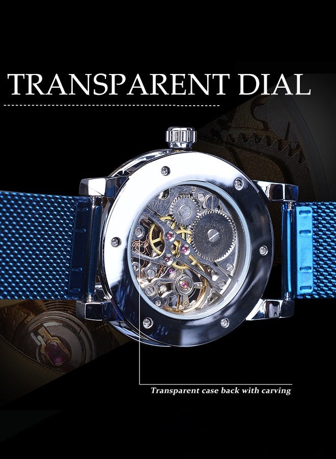 DUNISO ساعة رجال ساعة أعمال عصرية، ساعة هيكلية ميكانيكية يدوية عتيقة، مع الماس وزهور منحوتة، ساعة حزام شبكي مضيئة - Image 4