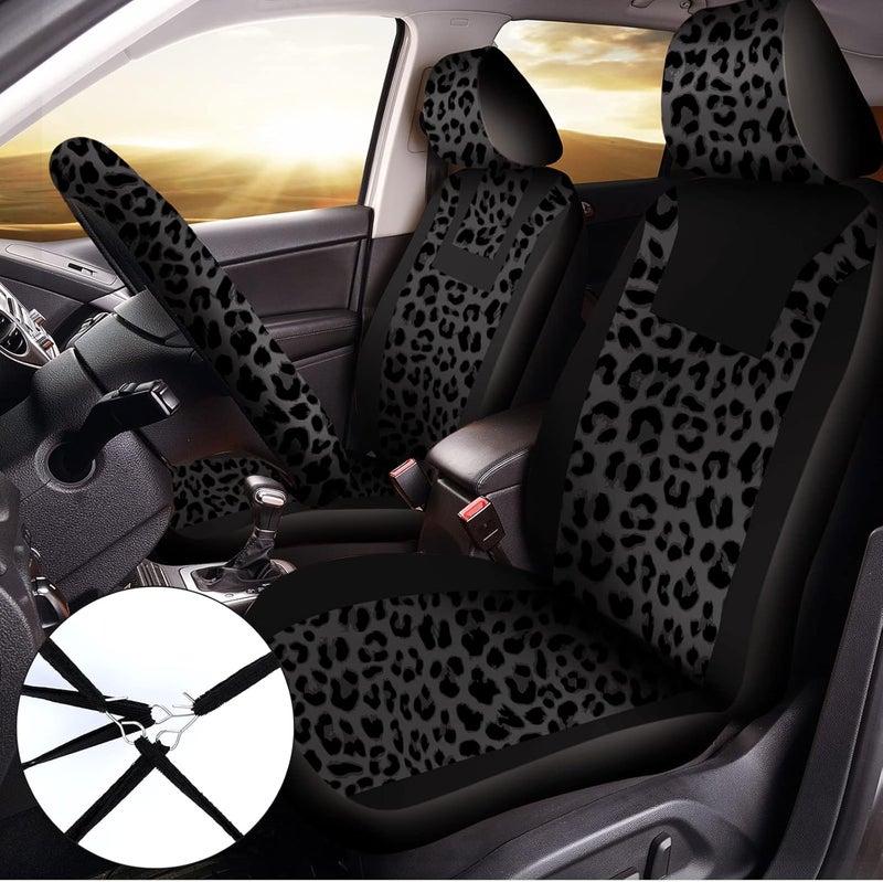 Frienda 13 Pcs Leopard Print Car Accessories Set - Seat Covers, Steering Wheel Cover, Coasters, Armrest Pad, Belt Pads, Keychain, and Wrist Strap - Image 2