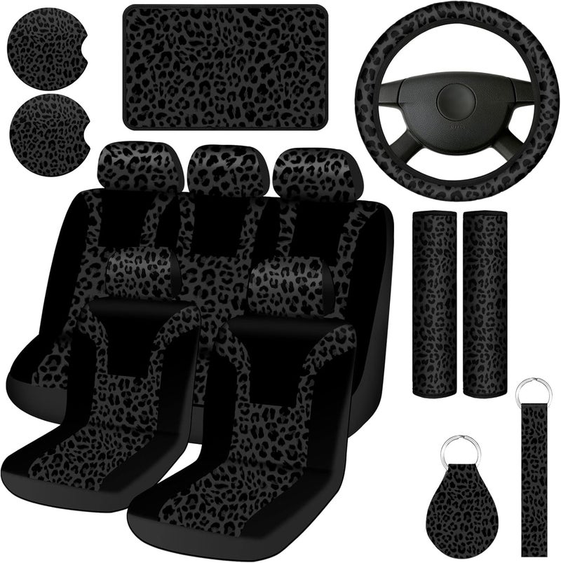 Frienda 13 Pcs Leopard Print Car Accessories Set - Seat Covers, Steering Wheel Cover, Coasters, Armrest Pad, Belt Pads, Keychain, and Wrist Strap - Image 1