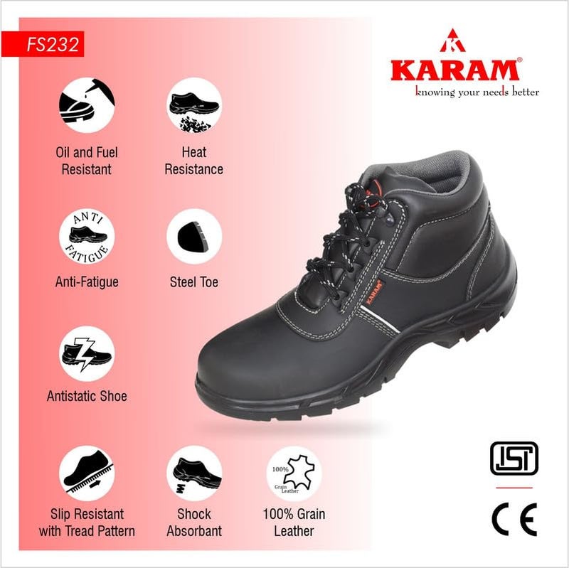 KARAM FS232 High Ankle Black Leather Safety Shoes for Men | Single Density with Steel Toe | Antistatic, Antislip, Oil & Heat Resistant | Size-08 - Image 2