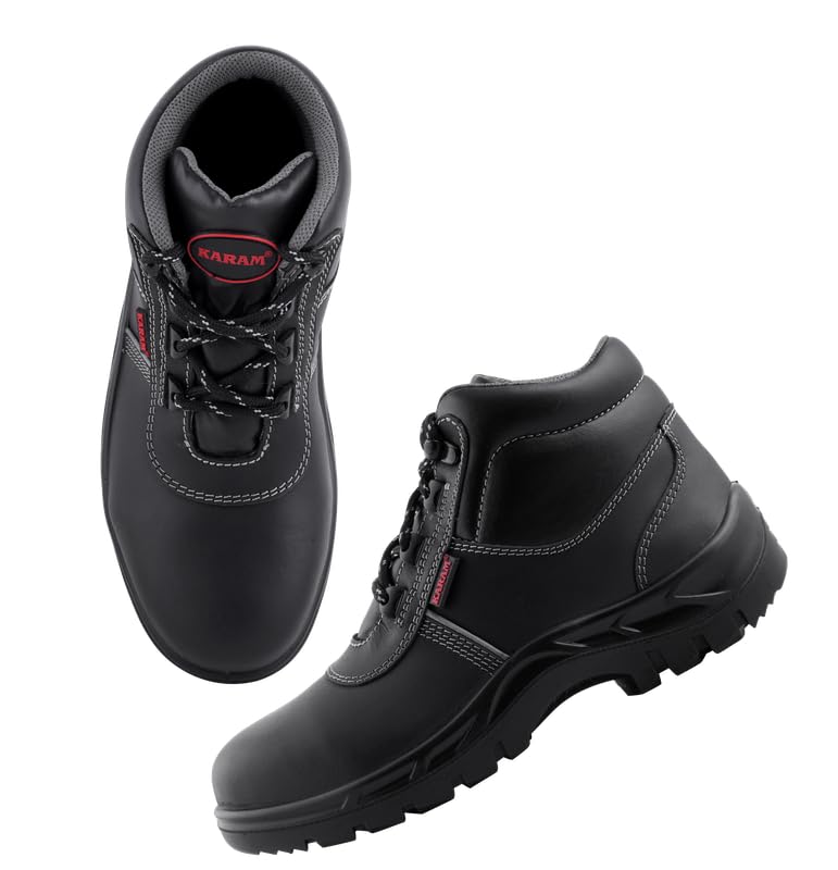 KARAM FS232 High Ankle Black Leather Safety Shoes for Men | Single Density with Steel Toe | Antistatic, Antislip, Oil & Heat Resistant | Size-08 - Image 4
