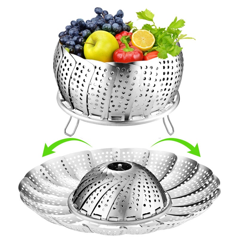 FOFAYU Vegetable Steamer Basket for Cooking 304 Stainless Steel Veggie Food Steamer Basket, Folding Expandable Steamers to Fit Various Size Pot (5.9" to 10") - Image 1