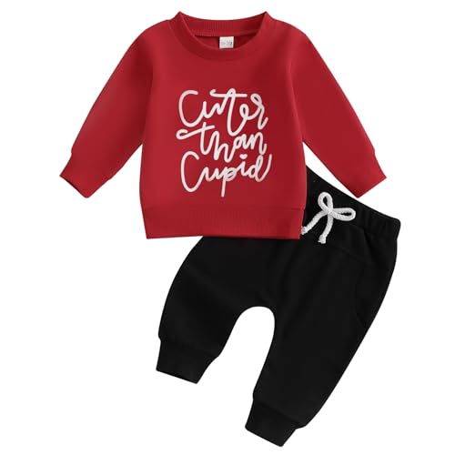 BemeyourBBs Toddler Baby Boy Fall Winter Clothes Funny Letter Long Sleeve Sweatshirt and Pants Set 2 Piece Sweatsuit Outfit (Valentines Cute Than Cupid, 3-6 Months) - Image 1