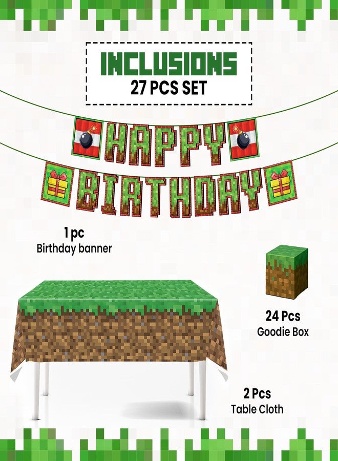 IndoTribe 27 Pcs Pixel Birthday Decorations for Boys Pre-strung 10ft Miner Happy Birthday Banner Pixel Miner Table Cover 2 Pcs 108x108cm Treat Boxes 24 Pcs Pixel Video Game Birthday Decorations Set - Image 3