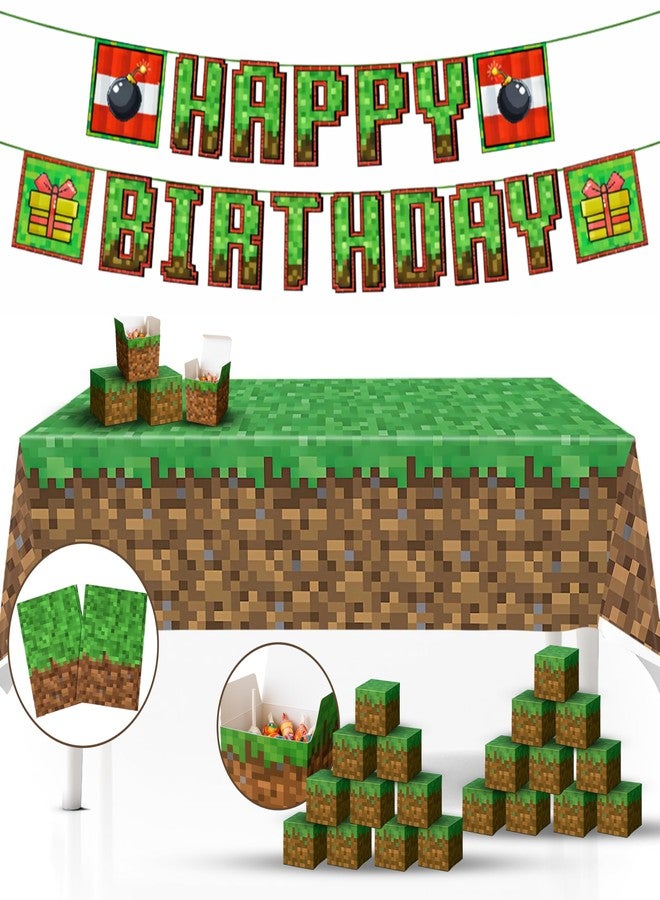 IndoTribe 27 Pcs Pixel Birthday Decorations for Boys Pre-strung 10ft Miner Happy Birthday Banner Pixel Miner Table Cover 2 Pcs 108x108cm Treat Boxes 24 Pcs Pixel Video Game Birthday Decorations Set - Image 1