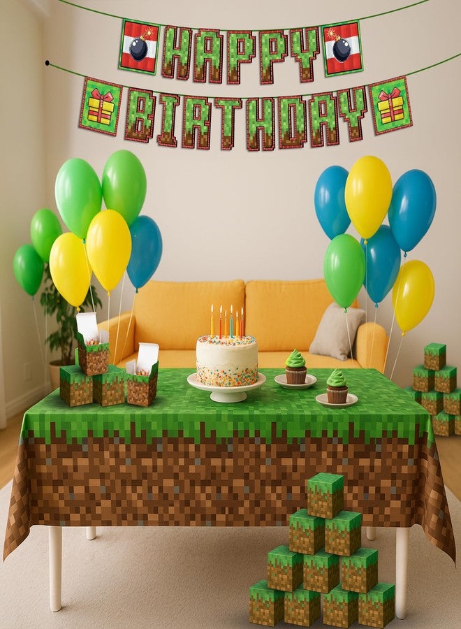 IndoTribe 27 Pcs Pixel Birthday Decorations for Boys Pre-strung 10ft Miner Happy Birthday Banner Pixel Miner Table Cover 2 Pcs 108x108cm Treat Boxes 24 Pcs Pixel Video Game Birthday Decorations Set - Image 2