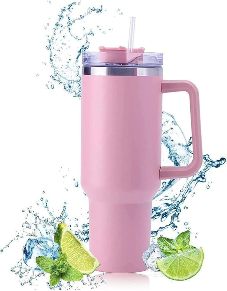 كوب زجاجي مقاوم للصدأ Quench، سعة 40 أونصة، بلون وردي، مزود بغطاء وقشة