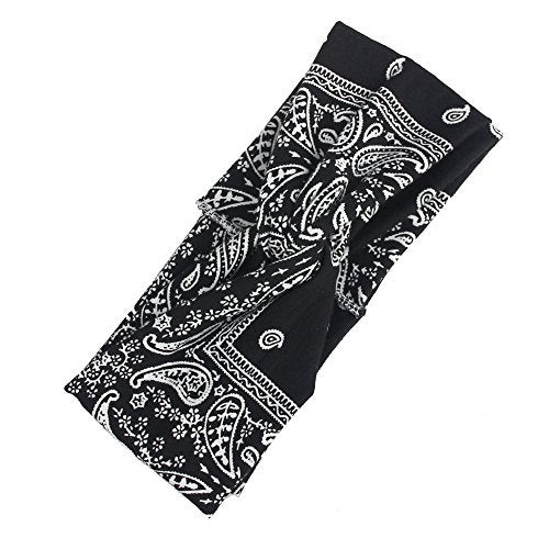 DINPREY Assorted Paisley Print Wide Bandana Knot Headbands Criss Cross Head Wrap Hair Band (Black) - Image 2