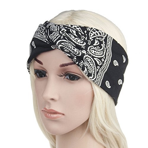 DINPREY Assorted Paisley Print Wide Bandana Knot Headbands Criss Cross Head Wrap Hair Band (Black) - Image 4
