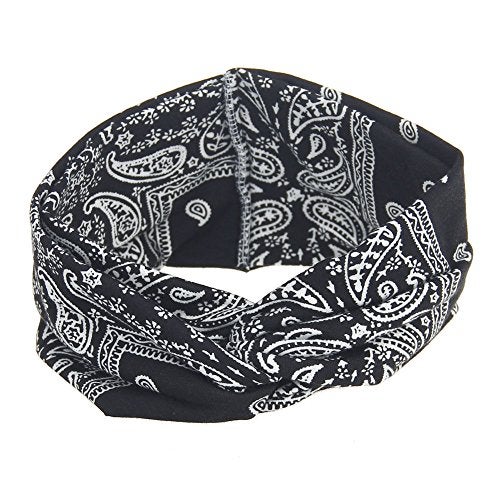 DINPREY Assorted Paisley Print Wide Bandana Knot Headbands Criss Cross Head Wrap Hair Band (Black) - Image 1