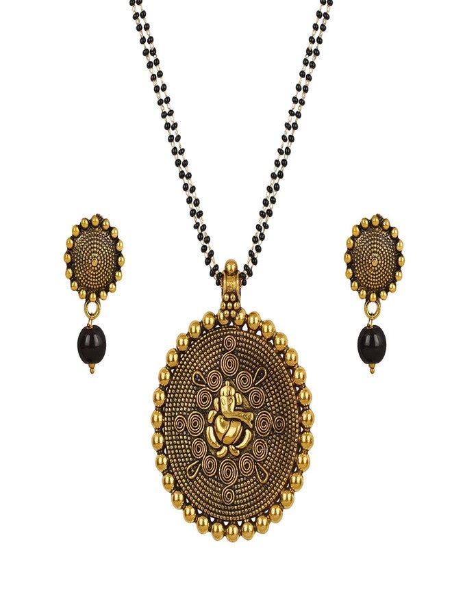 JFL - Jewellery for Less Jewellery For Less Traditional Ganesh Pendant Collection Gold Platted Black Beaded Double Chain Mangalsutra Set For Women,Valentine - Image 1