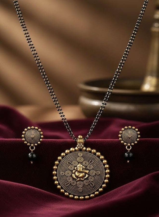 JFL - Jewellery for Less Jewellery For Less Traditional Ganesh Pendant Collection Gold Platted Black Beaded Double Chain Mangalsutra Set For Women,Valentine - Image 3