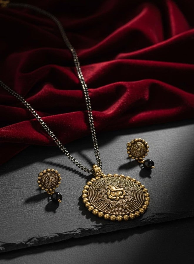 JFL - Jewellery for Less Jewellery For Less Traditional Ganesh Pendant Collection Gold Platted Black Beaded Double Chain Mangalsutra Set For Women,Valentine - Image 2