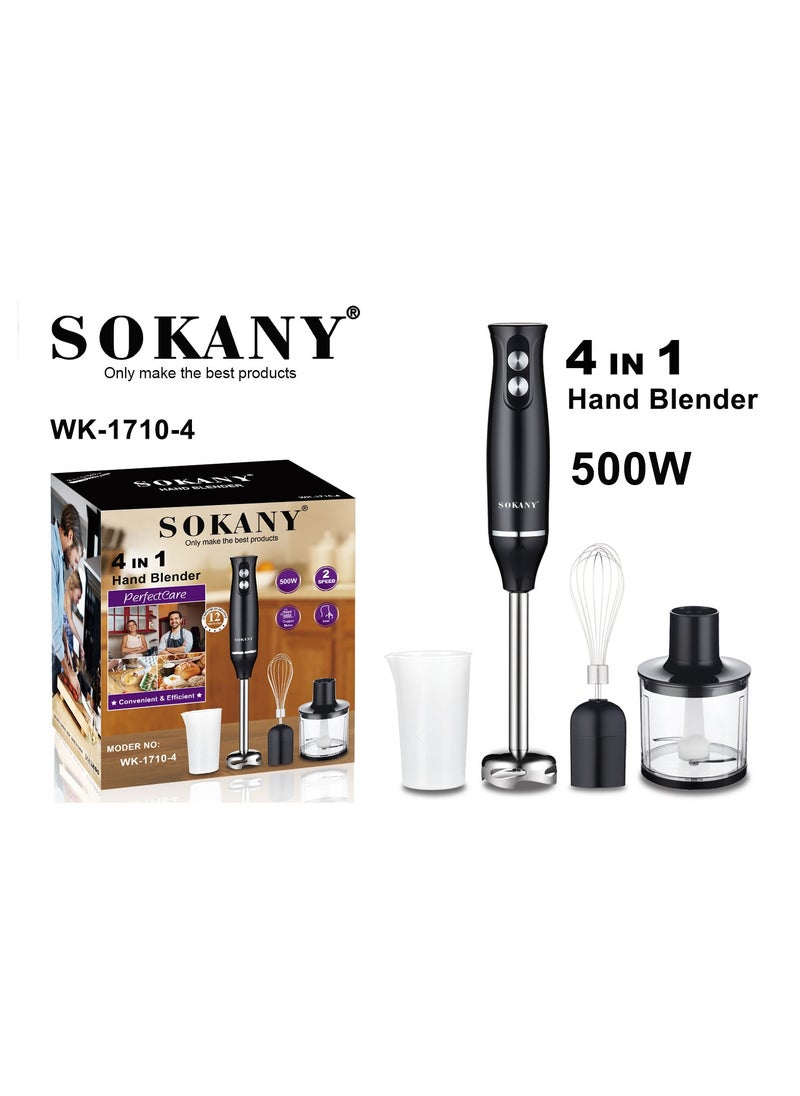 sokany 4 In 1 Hand Blender, 500W Electric Immersion Blender, 2 Speed Stainless Steel Blades,500ml Chopper Bowl,700ml Food Processor for Smoothies, Puree, Baby Food, Soup, Juice SK-1710-4  - Image 1