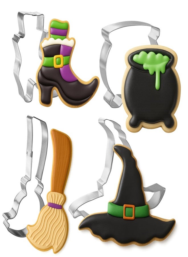 Foose Halloween Cookie Cutter 4 Pc Set With Recipe Card, Made in USA - Witch Broom 5 in, Hat 5 in, Cauldron 3 in, Witch Shoe 3.75 in - Image 1