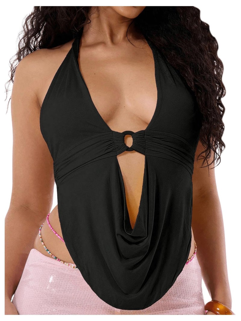 Floerns Women's Y2k Going Out Clubwear Halter Top Tie Backless Draped Cowl Deep V Neck Ring Top Cut Out Party Halter Tops Black Medium - Image 3