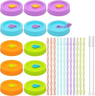 Qinline REGULAR Mouth Mason Jar Lids for Ball, Kerr, etc with Straw Hole/Straws/Silicone Stoppers/Rings/Clean Brush, - Image 1