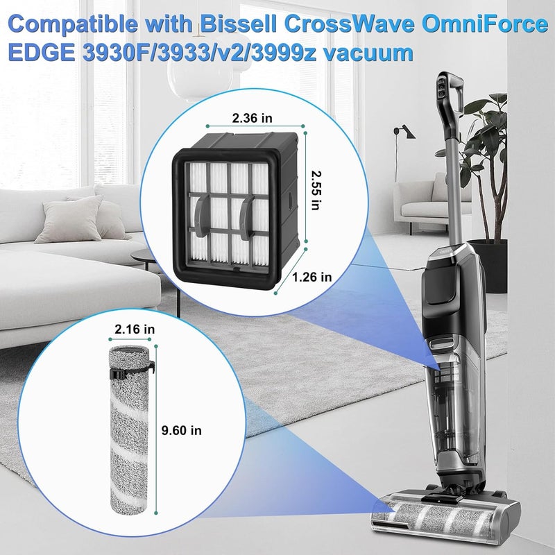 FFsign 3930F Brush Roll Replacement Filter for Bissell CrossWave OmniForce Edge Cordless Multi-Surface Hard Floor Wet Dry 3930F, 3933, V2, 3999z Vacuum, 2 Pack Roller Brush, 2 Pack Hepa Filters - Image 2