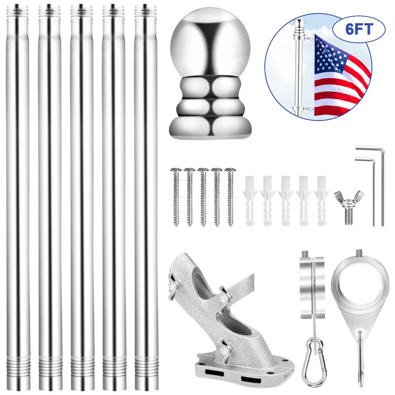 REERON Flag Pole for House, 6 FT Stainless Steel Spinning Flag Pole Kit, 1" Rustproof Porch Flagpole with 360Â° Tangle Free Metal Flagpole Rings & 2-Position Bracket for Outdoor Sport for 3x5 Flags - Image 2