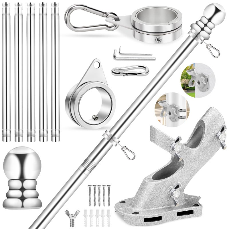 REERON Flag Pole for House, 6 FT Stainless Steel Spinning Flag Pole Kit, 1" Rustproof Porch Flagpole with 360Â° Tangle Free Metal Flagpole Rings & 2-Position Bracket for Outdoor Sport for 3x5 Flags - Image 1