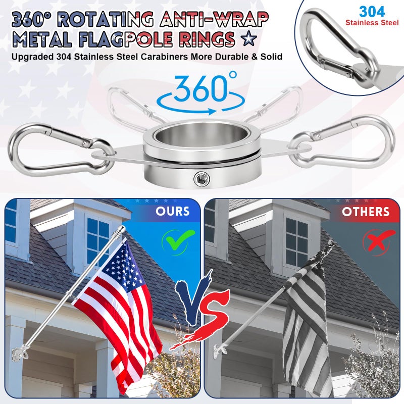 REERON Flag Pole for House, 6 FT Stainless Steel Spinning Flag Pole Kit, 1" Rustproof Porch Flagpole with 360Â° Tangle Free Metal Flagpole Rings & 2-Position Bracket for Outdoor Sport for 3x5 Flags - Image 5