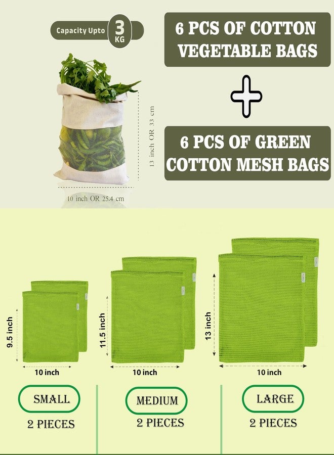 Fab Ellite Cotton Vegetable Bags Fridge Storage Bag Sabji Fruits Pouch Refrigerator Produce bags Clothe Muslin Reusable Washable with Drawstrings (Beige and Green, Pack of 12) - Image 2