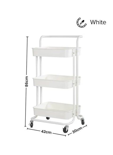 3-Tier Utility Cart Rolling Storage Shelf With Handles 2 Lockable Wheels White 86x42x30centimeter