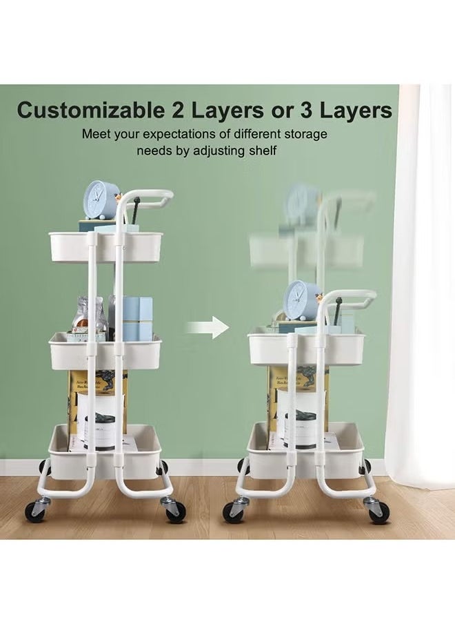 3-Tier Utility Cart Rolling Storage Shelf With Handles 2 Lockable Wheels White 86x42x30centimeter